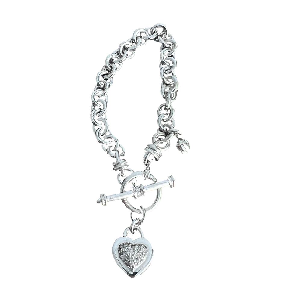 Sterling Silver 925 Heart Charm T-clasp chain link bracelet